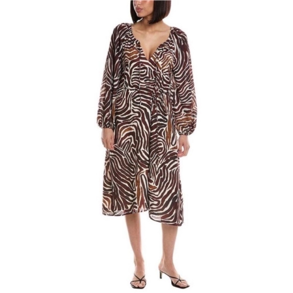 Tommy Bahama Midi Dress Zen Zebra Print Wrap A Line Boho Brown White Size Small